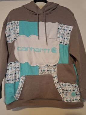 Carhartt Men's Patchwork Pullover Hoodie in Taupe and Teal